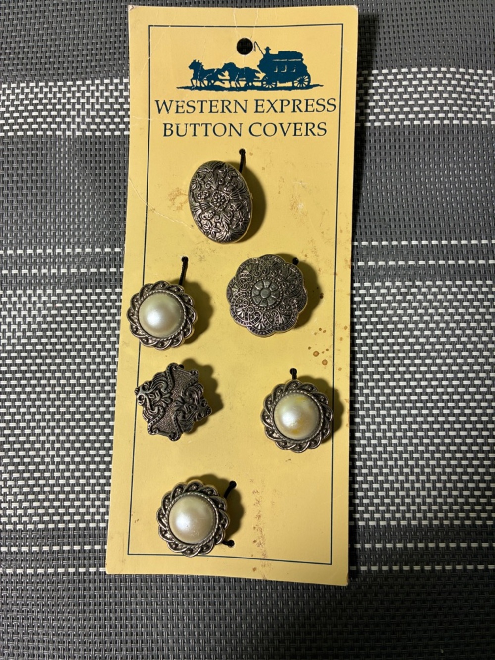 Western Express Vintage-Inspired Button Covers in Antique Silver & Pearl
